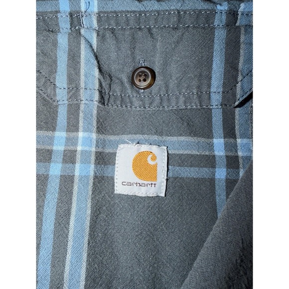 Vintage Carhartt Flannel Men's Large Gray Blue Loose Fit Cotton Plaid Work Shirt - Picture 4 of 8